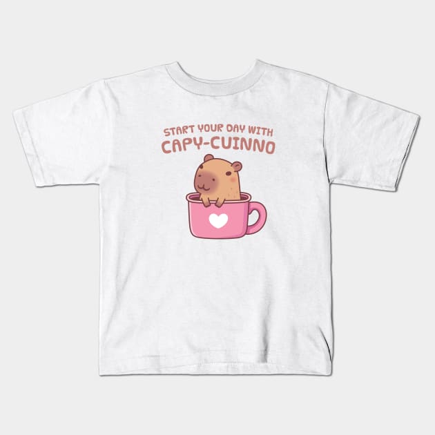 Cute Capybara Start Your Day With Capyuccino Coffee Kids T-Shirt by rustydoodle